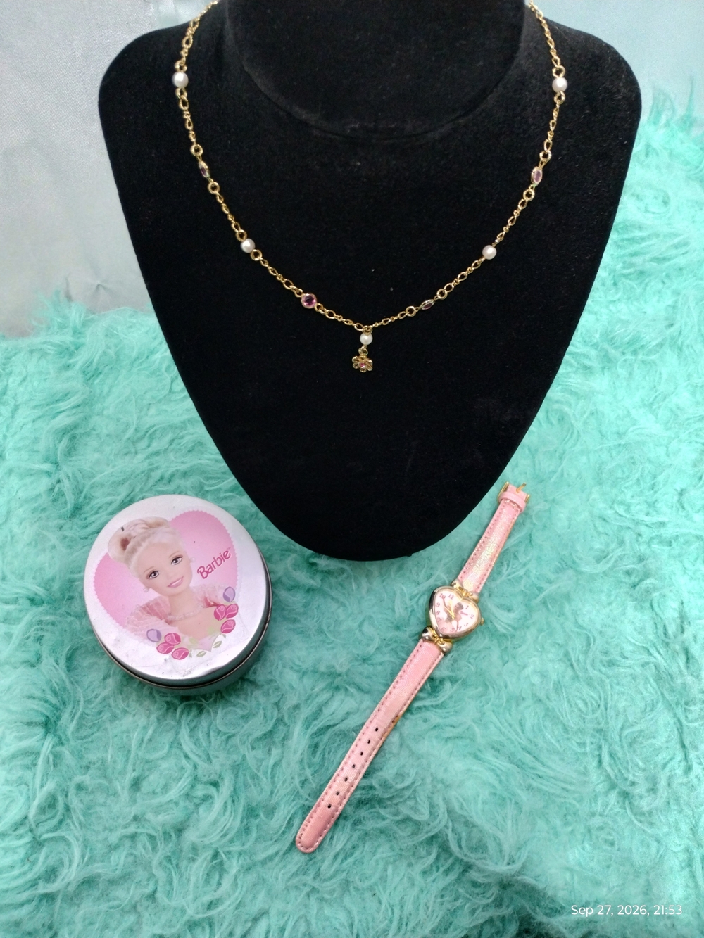 Vintage 1992 Barbie Gold Necklace With Barbie Genuine Leather Watch